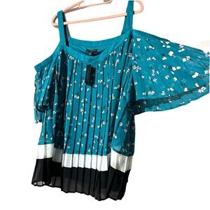 Lane Bryant Cold Shoulder Pleated Top Women's Size 22 Teal Floral A- Line NWT